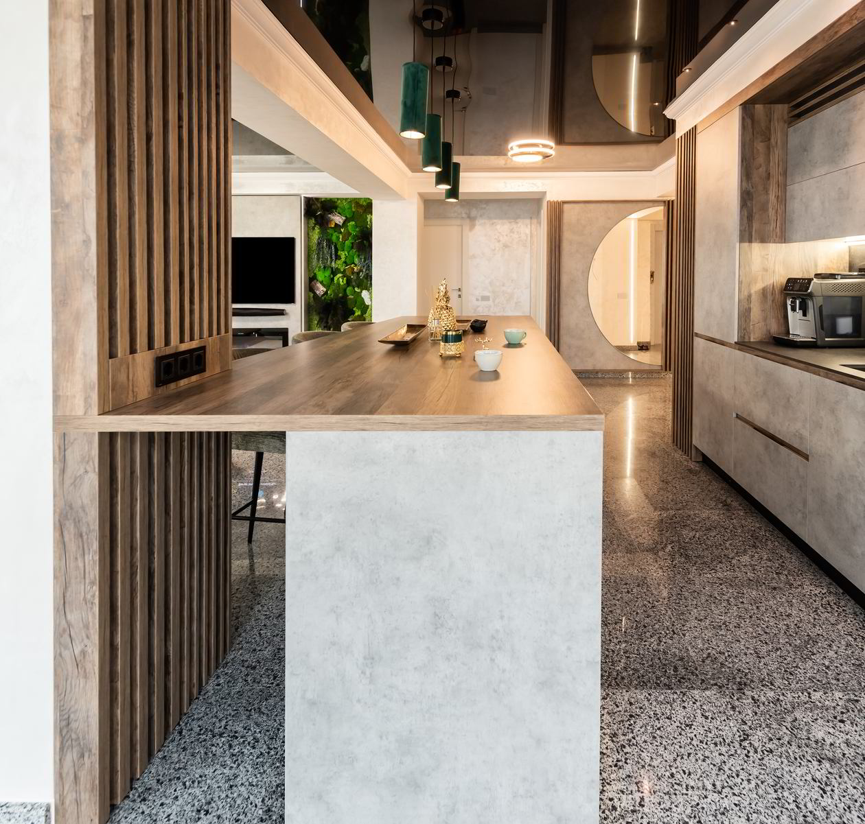 Mobila Bucatarie cu insula, pe un perete, cu masa integrata extractabila, unita cu Living-Room si Hol, L 375 x H 228cm, Realizat 19 Septembrie 2023 COD.18437