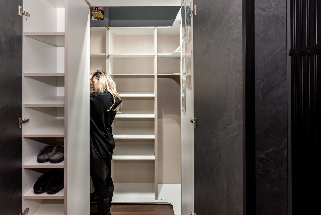 Proiect mobila Dressing unit cu Hol, pe colt, pana in tavan, sistem inchidere cu usi batante, L 245 x H 215cm — foto 2 din 7