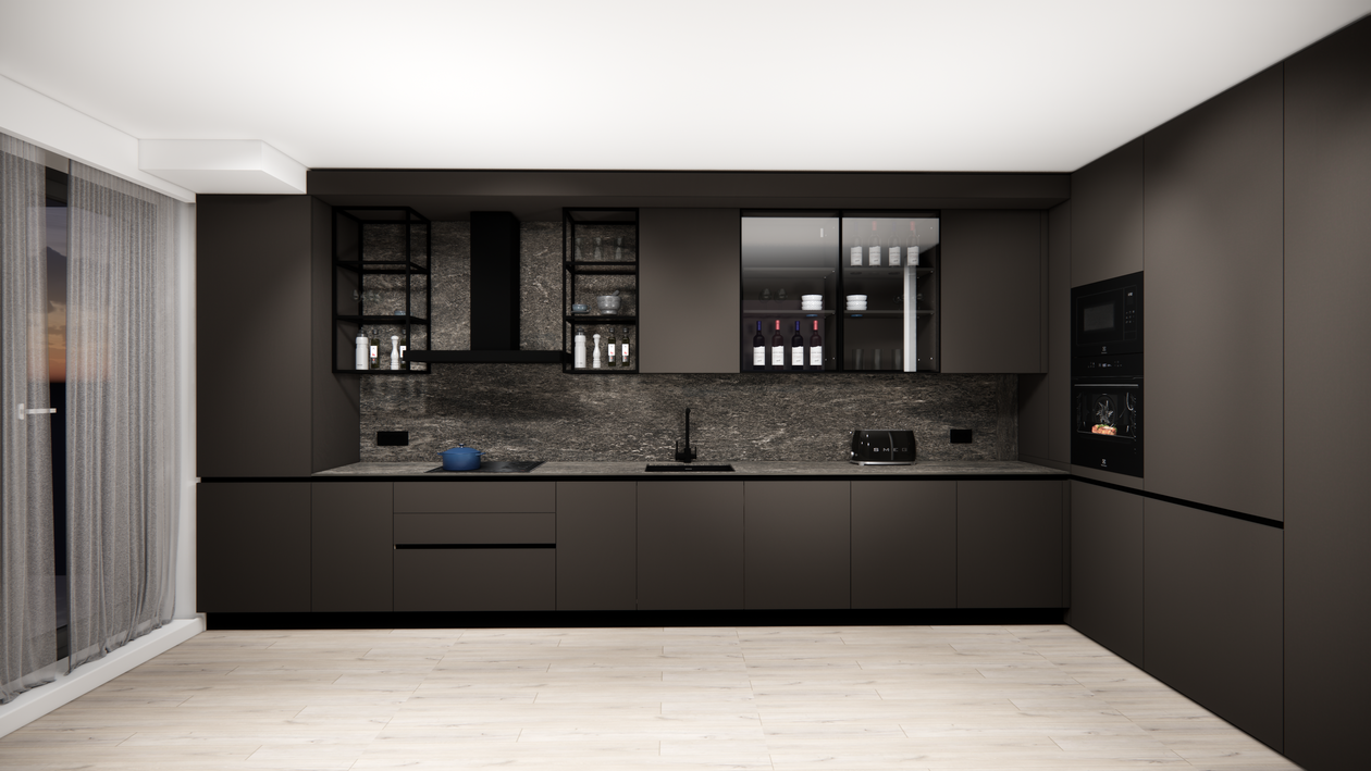 Mobila Bucatarie pe colt, fara manere, unita cu Living-Room, L 820 x H 246cm — foto 31 din 32