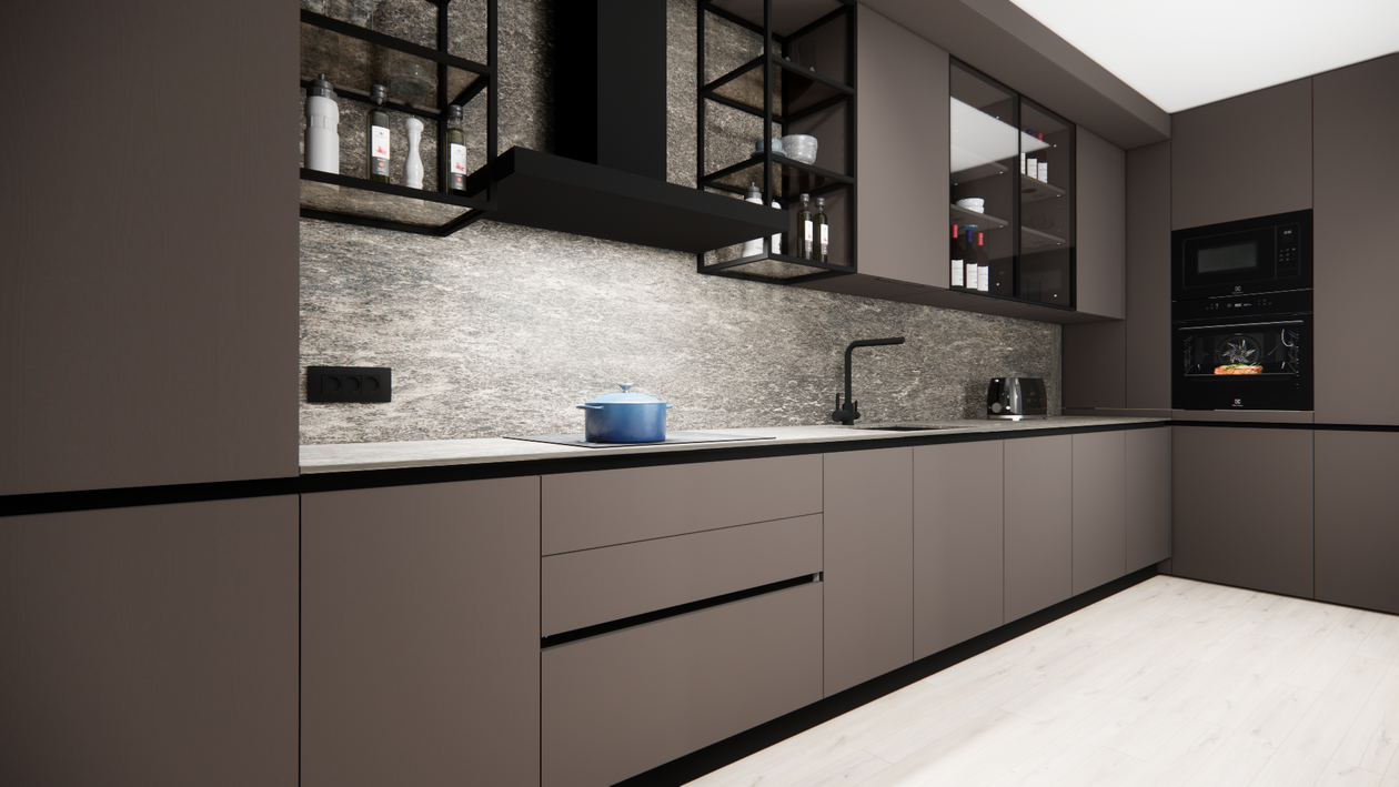 Mobila Bucatarie pe colt, fara manere, unita cu Living-Room, L 820 x H 246cm — foto 1 din 7