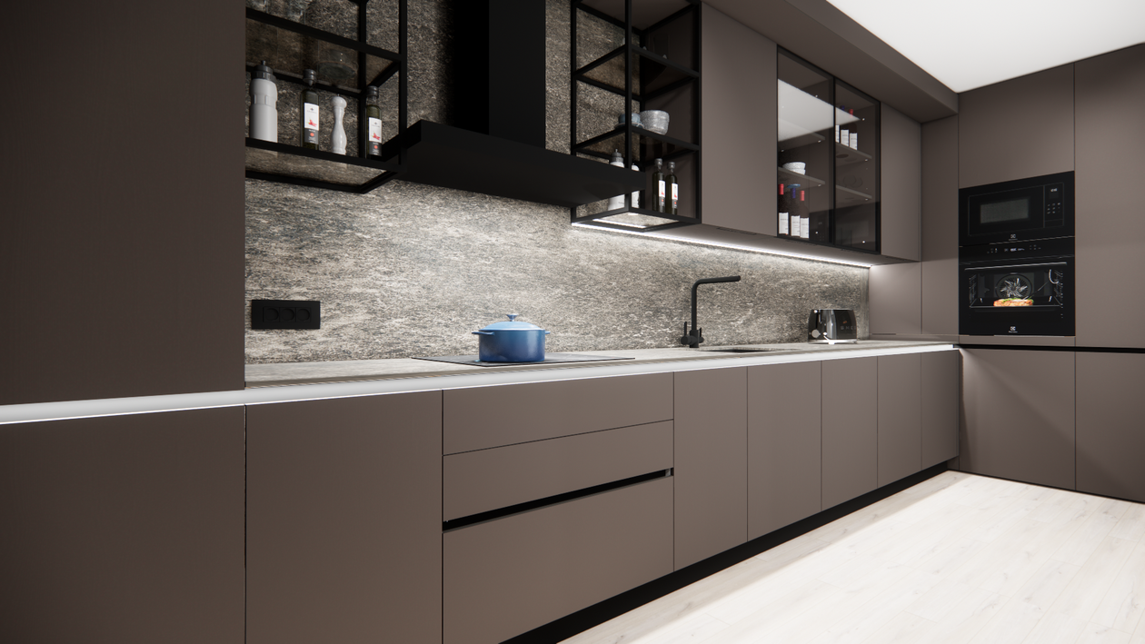 Mobila Bucatarie pe colt, fara manere, unita cu Living-Room, L 820 x H 246cm — foto 2 din 7