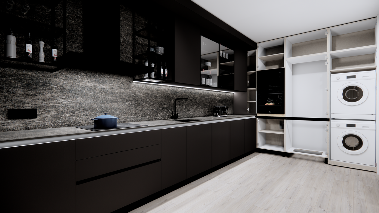 Mobila Bucatarie pe colt, fara manere, unita cu Living-Room, L 820 x H 246cm — foto 4 din 7