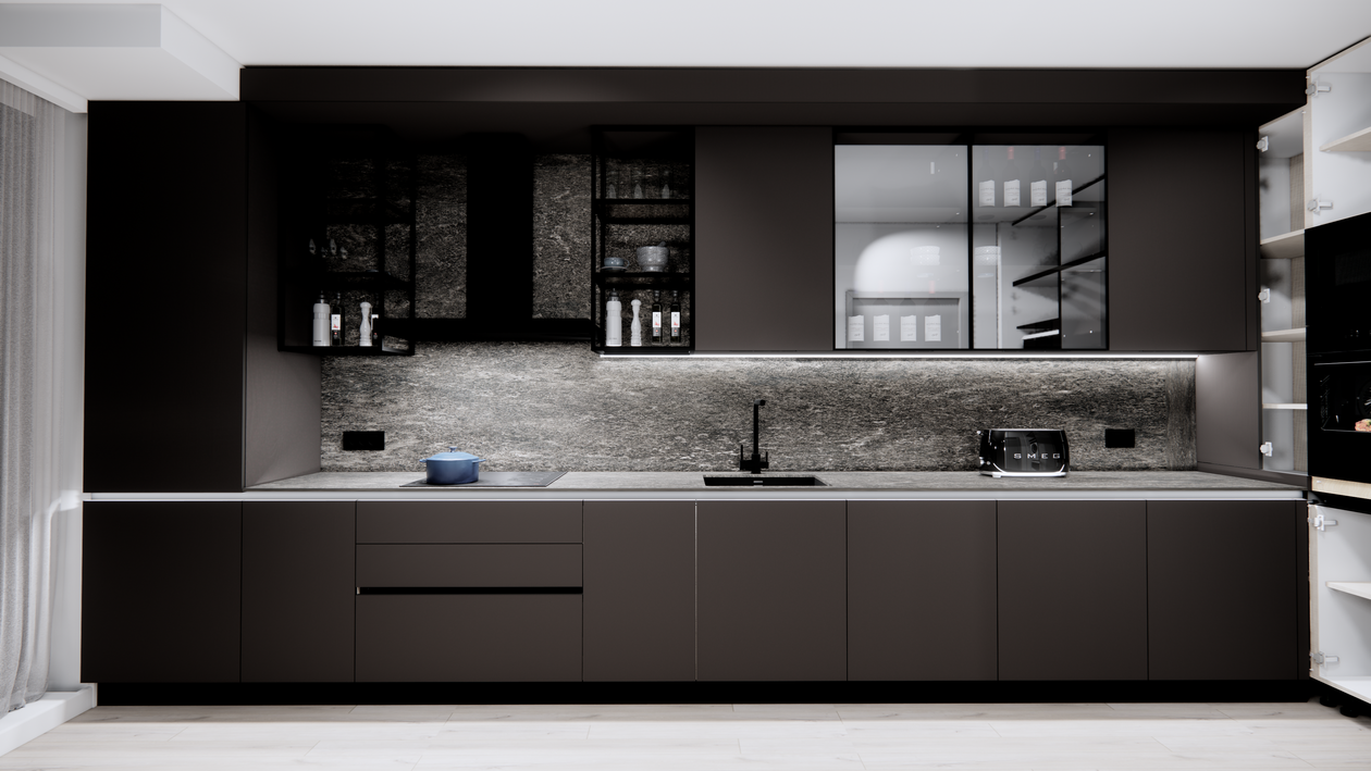 Mobila Bucatarie pe colt, fara manere, unita cu Living-Room, L 820 x H 246cm — foto 5 din 7