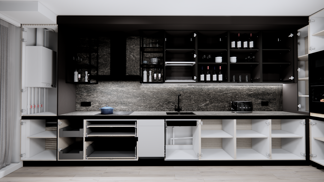 Mobila Bucatarie pe colt, fara manere, unita cu Living-Room, L 820 x H 246cm — foto 6 din 7