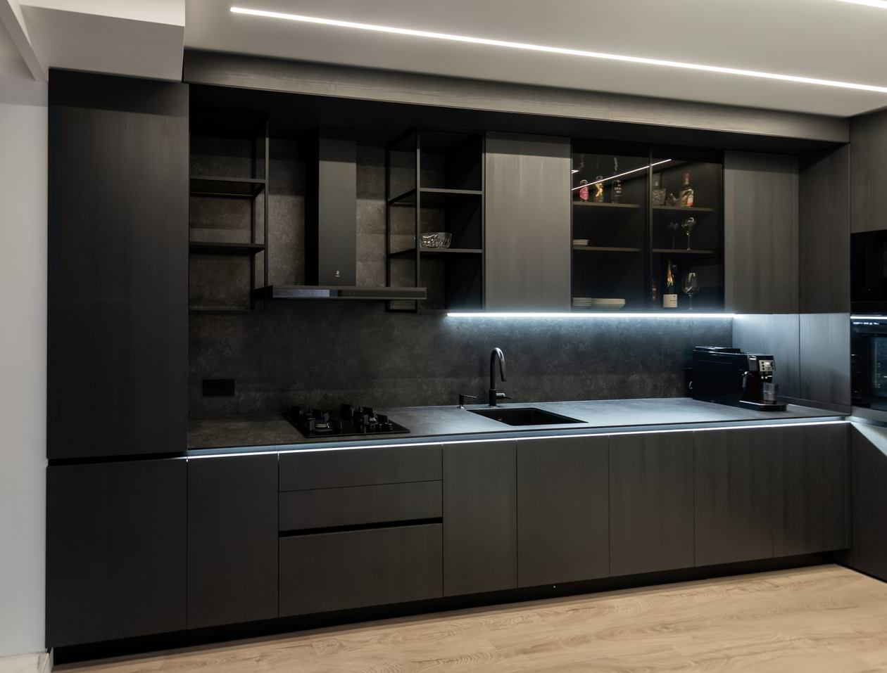 Mobila Bucatarie pe colt, fara manere, unita cu Living-Room, L 820 x H 246cm — foto 4 din 32