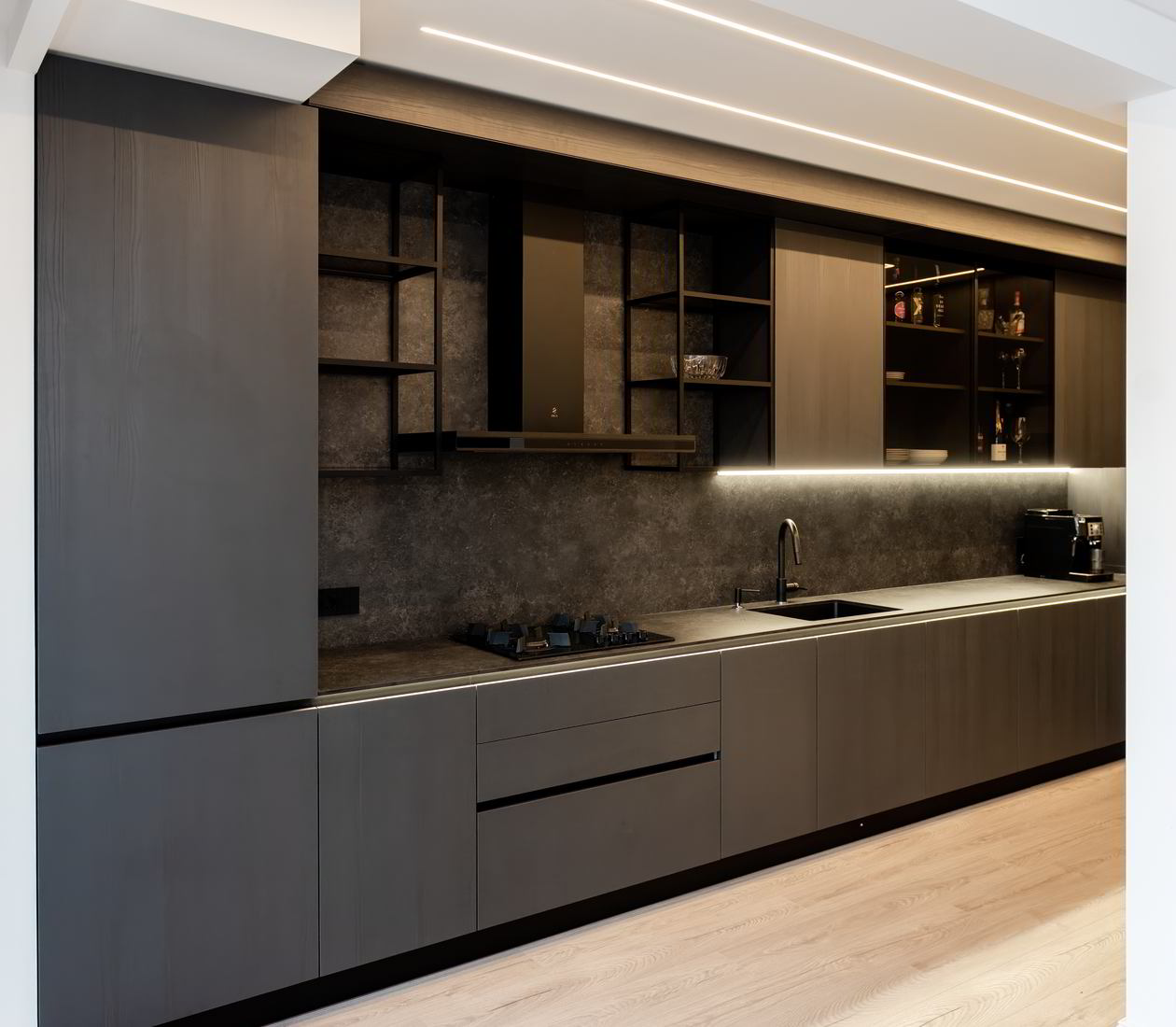 Mobila Bucatarie pe colt, fara manere, unita cu Living-Room, L 820 x H 246cm — foto 6 din 32