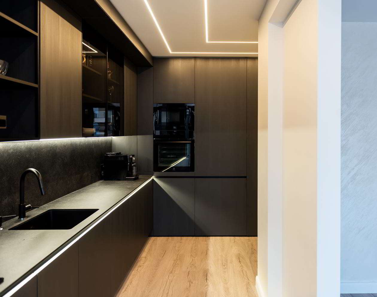 Mobila Bucatarie pe colt, fara manere, unita cu Living-Room, L 820 x H 246cm — foto 11 din 32