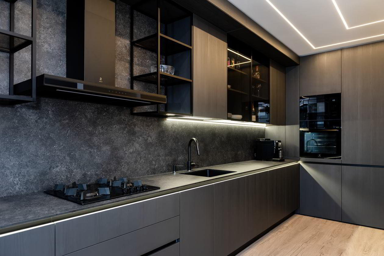 Mobila Bucatarie pe colt, fara manere, unita cu Living-Room, L 820 x H 246cm — foto 8 din 32