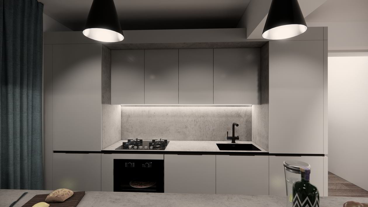 Mobila Bucatarie cu peninsula, cu masa integrata fixa, unita cu Living-Room, L 800 x H 250cm — foto 1 din 7