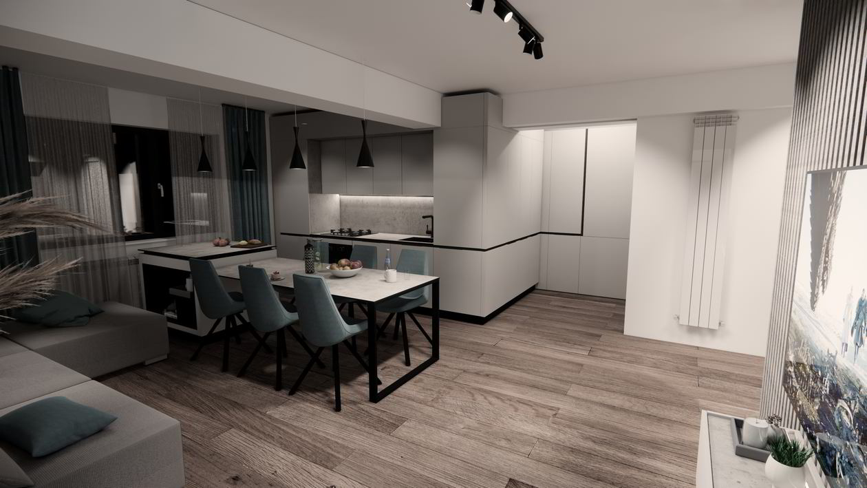 Mobila Bucatarie cu peninsula, cu masa integrata fixa, unita cu Living-Room, L 800 x H 250cm — foto 2 din 7