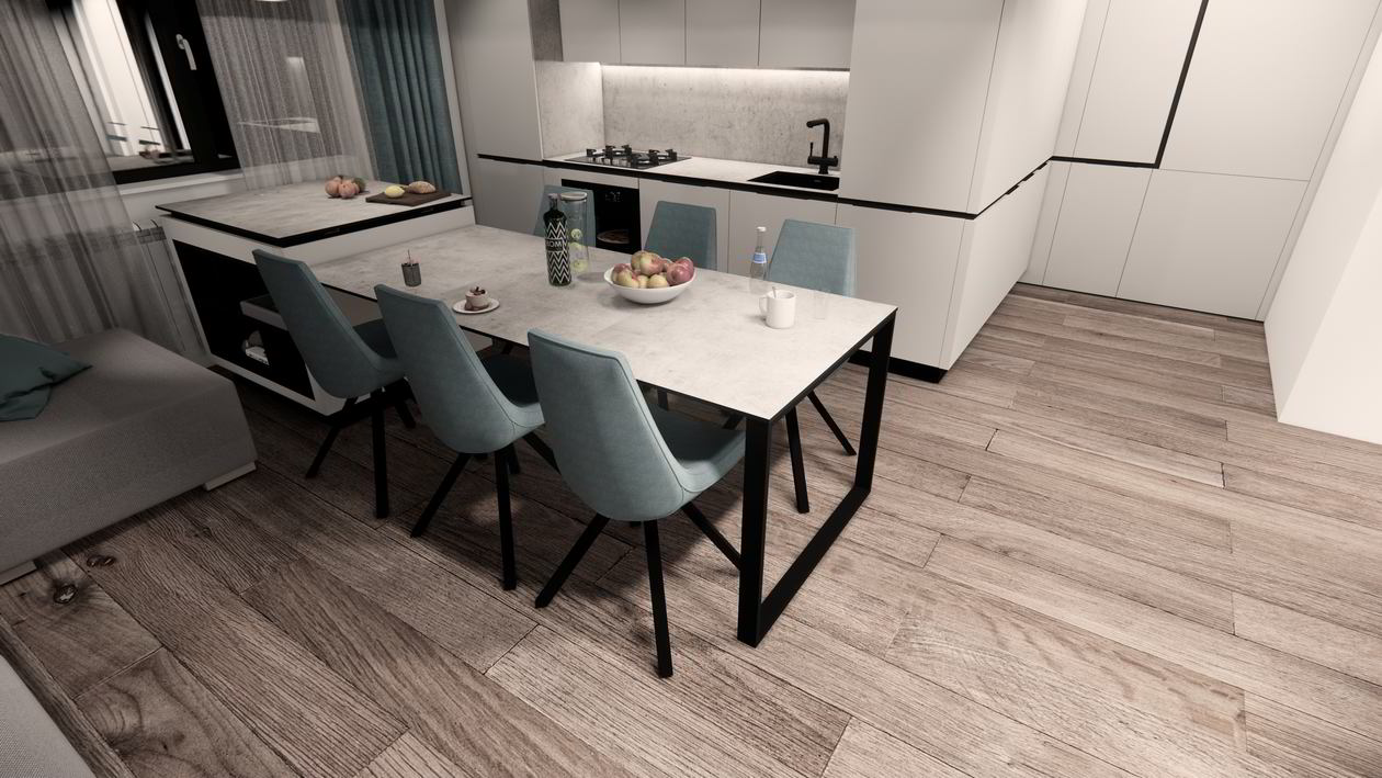 Mobila Bucatarie cu peninsula, cu masa integrata fixa, unita cu Living-Room, L 800 x H 250cm — foto 3 din 7