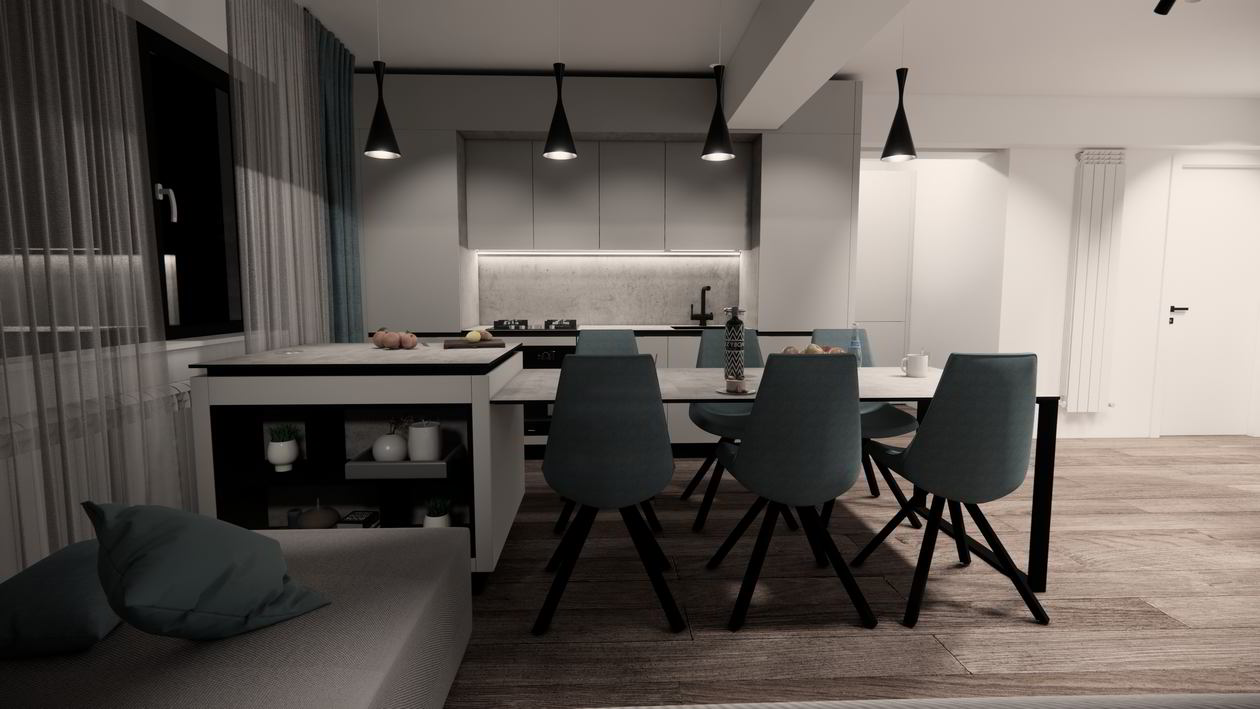 Mobila Bucatarie cu peninsula, cu masa integrata fixa, unita cu Living-Room, L 800 x H 250cm — foto 4 din 7