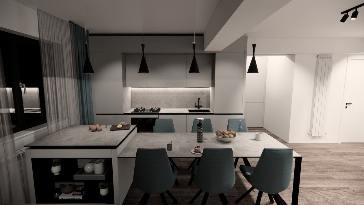 Mobila Bucatarie cu peninsula, cu masa integrata fixa, unita cu Living-Room, L 800 x H 250cm — foto 5 din 7