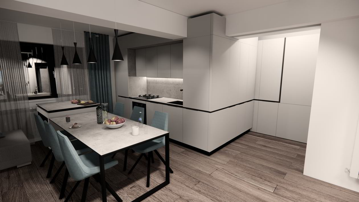 Mobila Bucatarie cu peninsula, cu masa integrata fixa, unita cu Living-Room, L 800 x H 250cm — foto 6 din 7