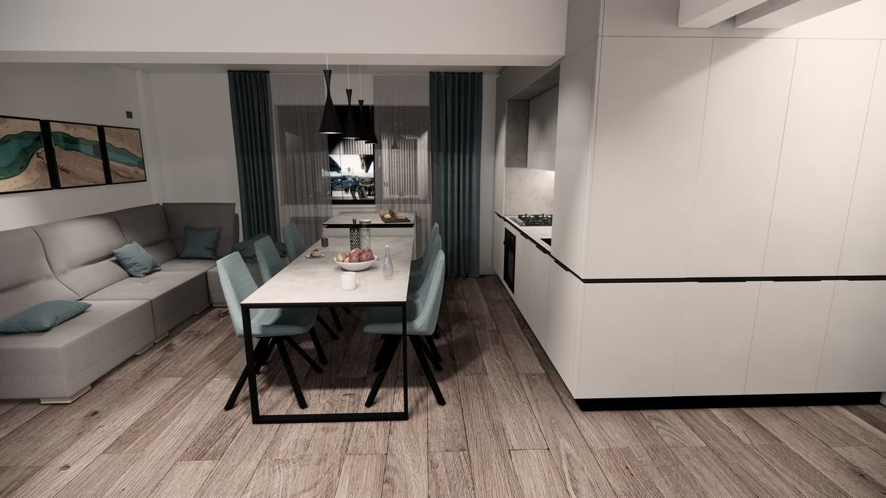 Mobila Bucatarie cu peninsula, cu masa integrata fixa, unita cu Living-Room, L 800 x H 250cm — foto 7 din 7