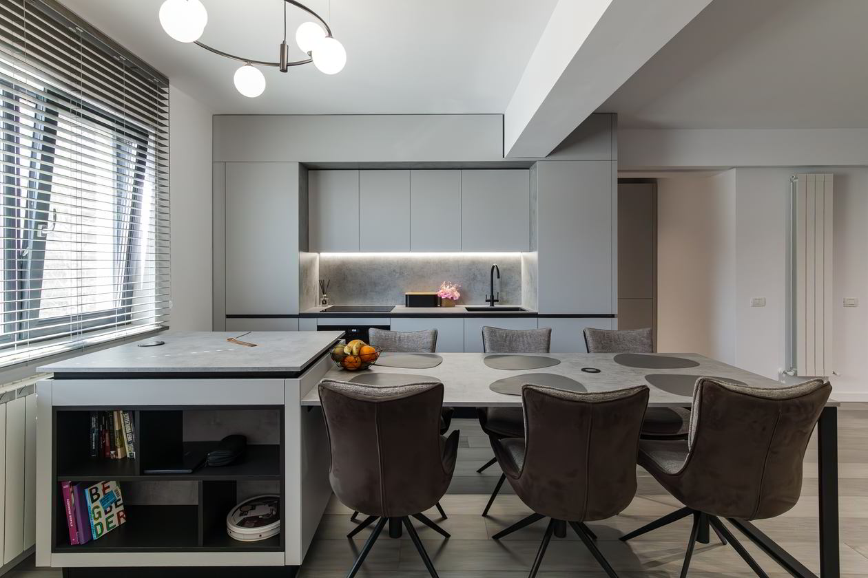 Mobila Bucatarie cu peninsula, cu masa integrata fixa, unita cu Living-Room, L 800 x H 250cm — foto 6 din 15