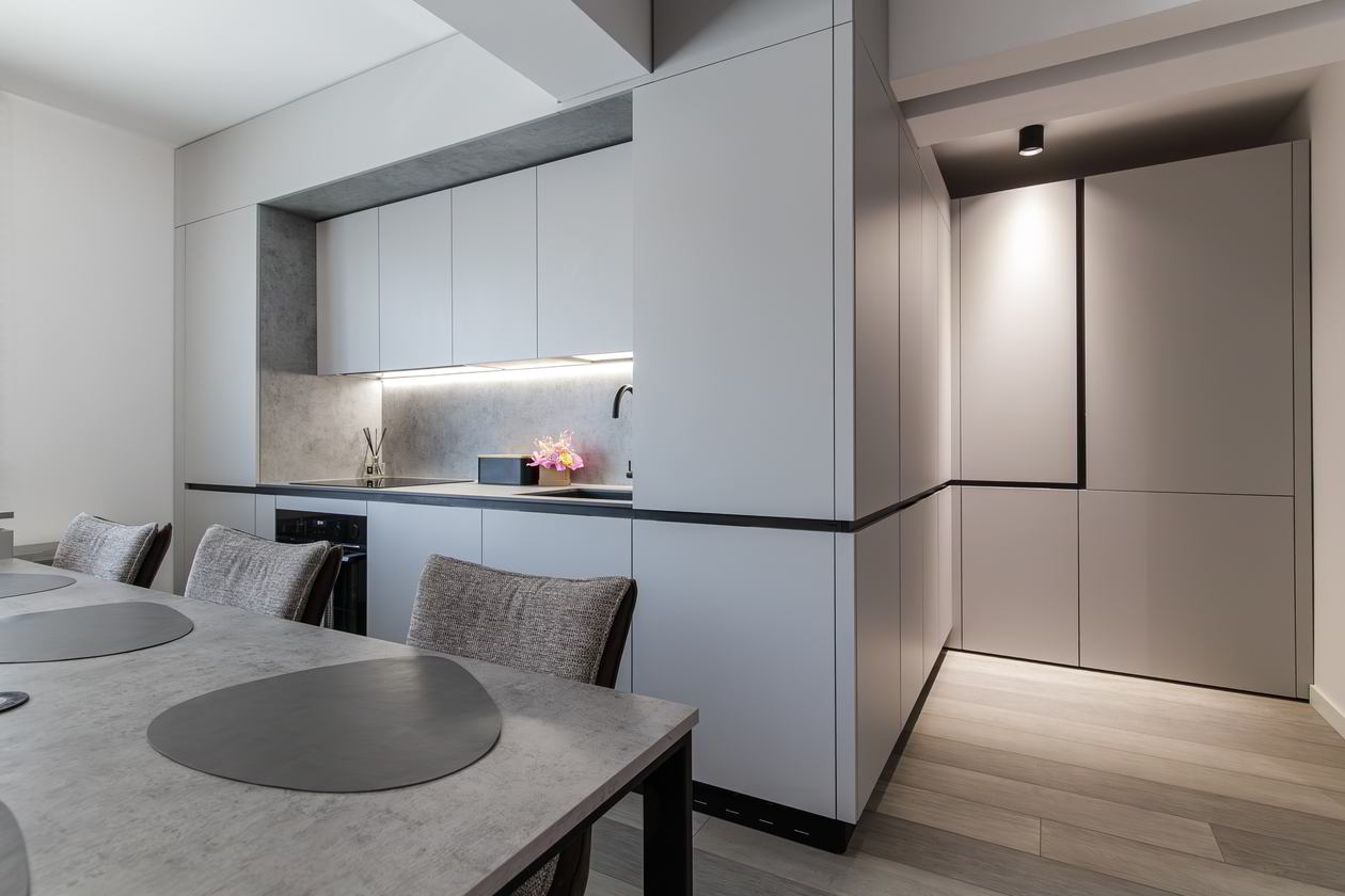 Mobila Bucatarie cu peninsula, cu masa integrata fixa, unita cu Living-Room, L 800 x H 250cm — foto 11 din 15