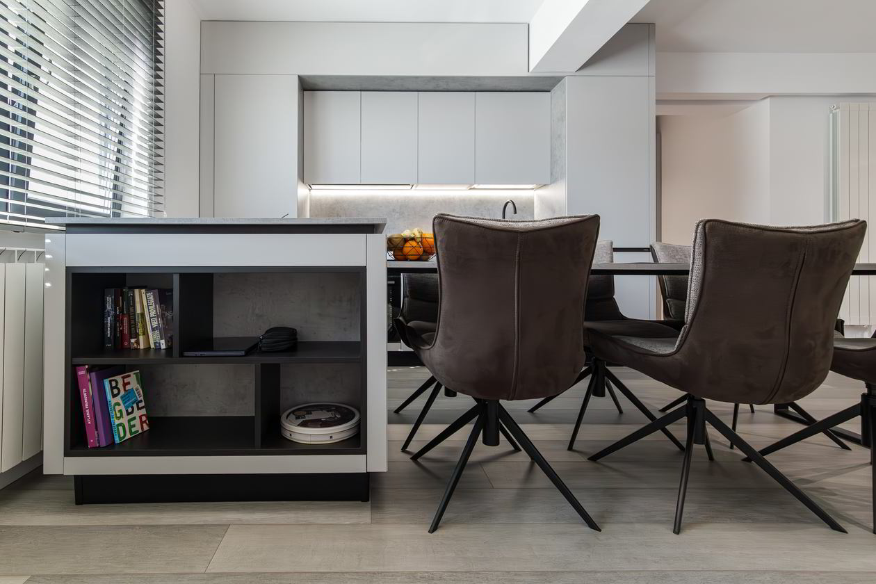 Mobila Bucatarie cu peninsula, cu masa integrata fixa, unita cu Living-Room, L 800 x H 250cm — foto 7 din 15