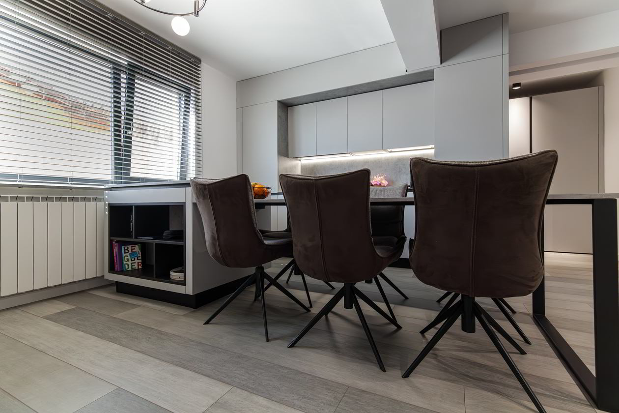 Mobila Bucatarie cu peninsula, cu masa integrata fixa, unita cu Living-Room, L 800 x H 250cm — foto 3 din 15