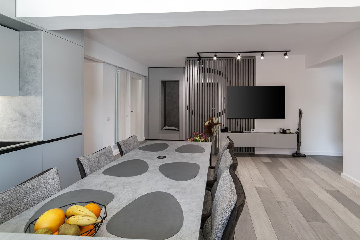 Mobila Bucatarie cu peninsula, cu masa integrata fixa, unita cu Living-Room, L 800 x H 250cm — foto 9 din 15