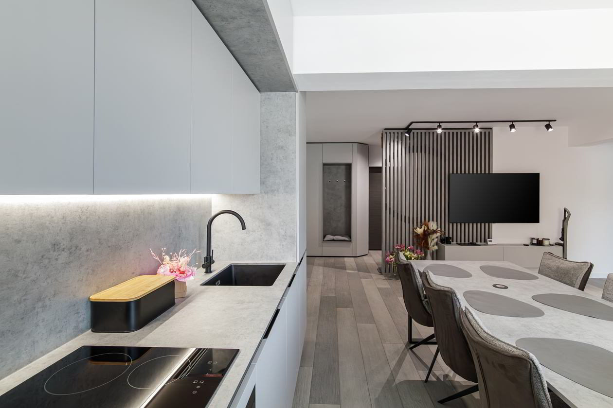 Mobila Bucatarie cu peninsula, cu masa integrata fixa, unita cu Living-Room, L 800 x H 250cm — foto 10 din 15