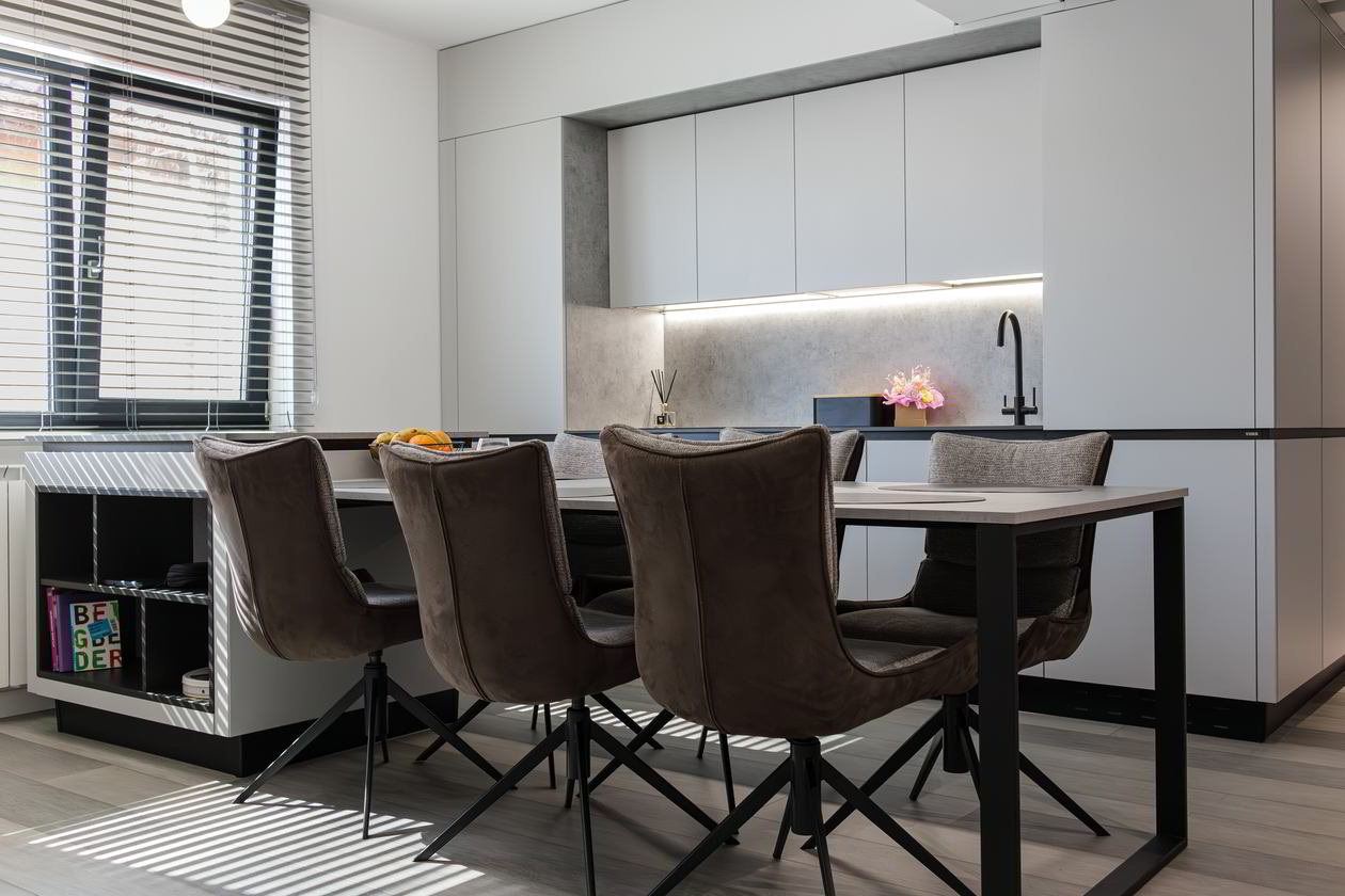 Mobila Bucatarie cu peninsula, cu masa integrata fixa, unita cu Living-Room, L 800 x H 250cm — foto 8 din 15