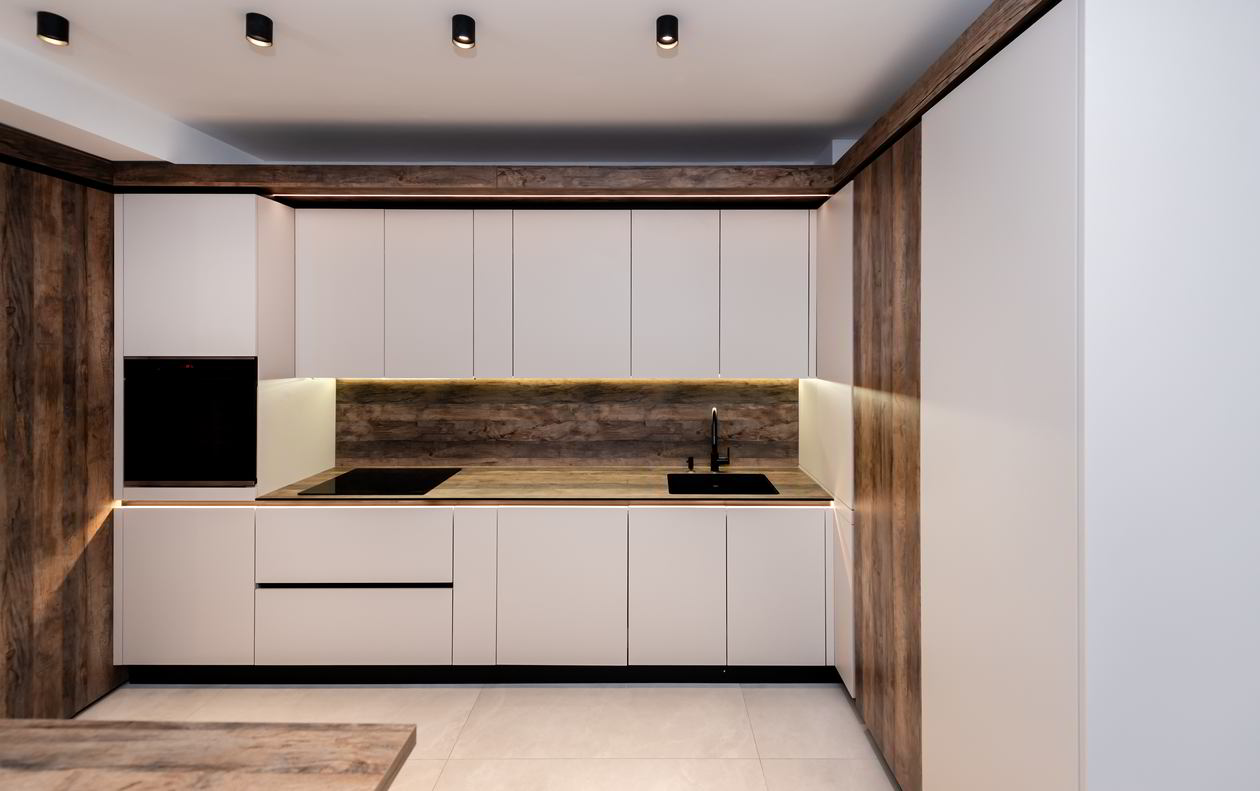 Mobila Bucatarie pe trei pereti, cu peninsula, unita cu Living-Room, L 860 x H 240cm, Realizat 17 Ianuarie 2024 COD.19056