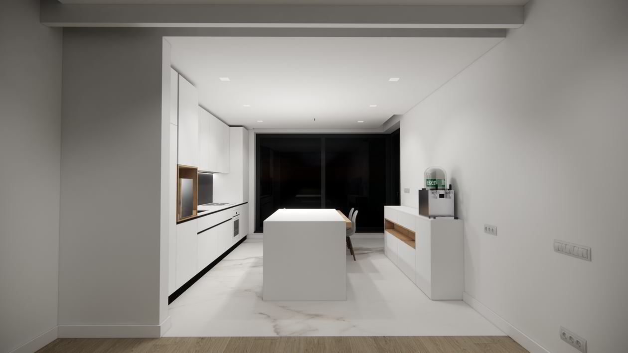 Mobila Bucatarie cu insula, cu masa integrata extensibila, unita cu Living-Room, cu zona Dining, L 970 x H 250cm — foto 1 din 7