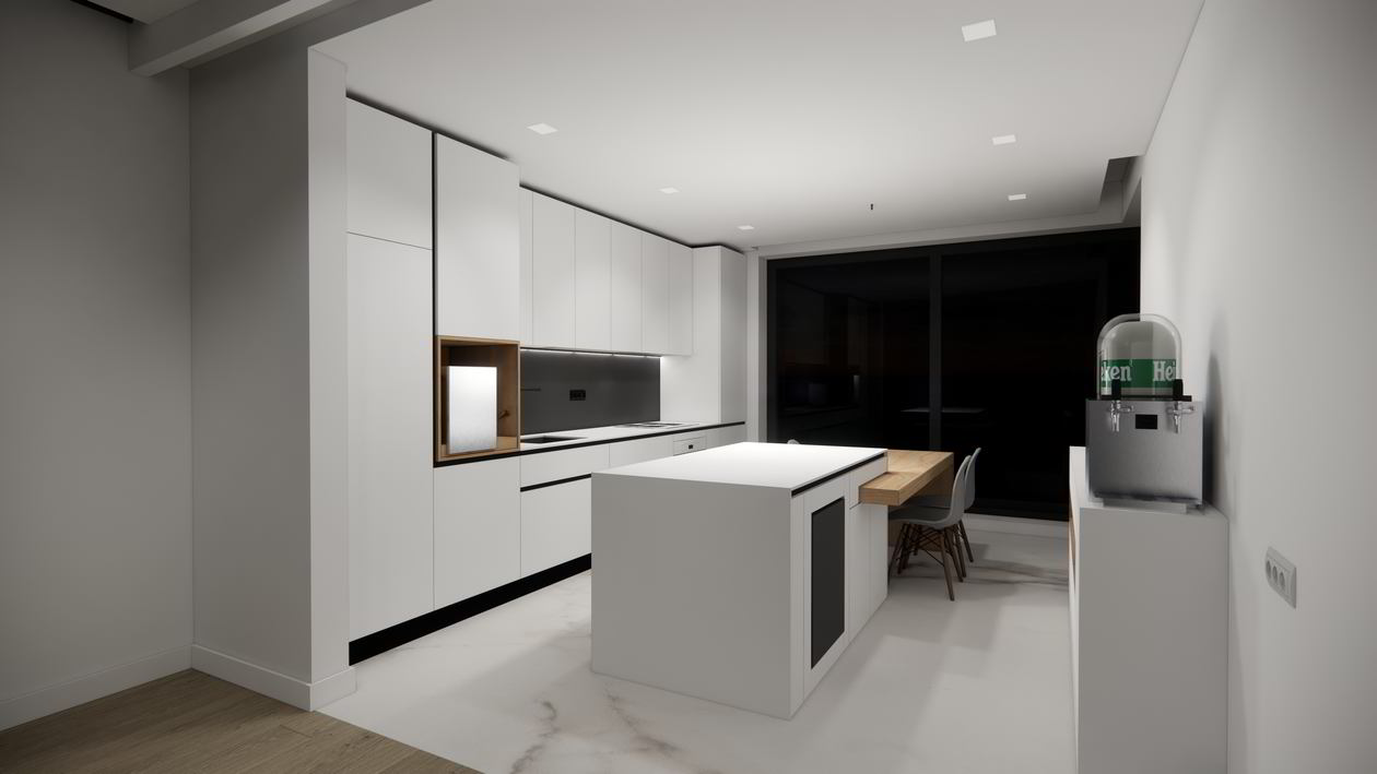 Mobila Bucatarie cu insula, cu masa integrata extensibila, unita cu Living-Room, cu zona Dining, L 970 x H 250cm — foto 2 din 7
