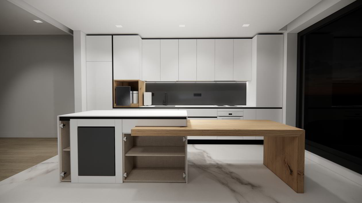 Mobila Bucatarie cu insula, cu masa integrata extensibila, unita cu Living-Room, cu zona Dining, L 970 x H 250cm — foto 6 din 7