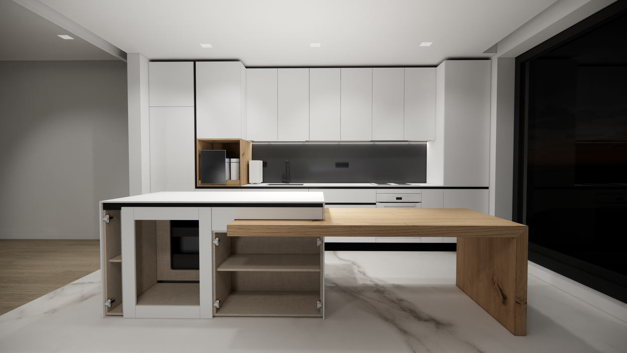 Mobila Bucatarie cu insula, cu masa integrata extensibila, unita cu Living-Room, cu zona Dining, L 970 x H 250cm — foto 7 din 7