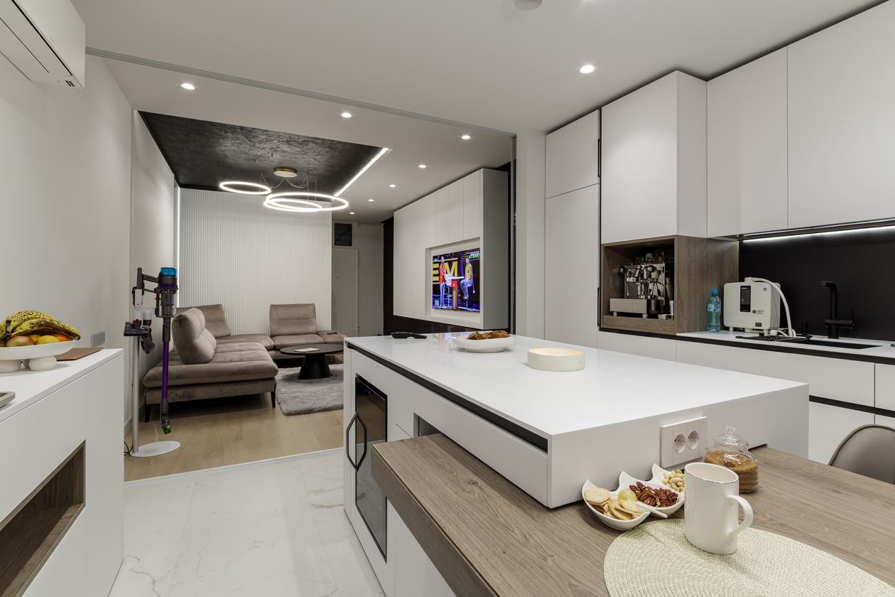 Mobila Bucatarie cu insula, cu masa integrata extensibila, unita cu Living-Room, cu zona Dining, L 970 x H 250cm — foto 6 din 10