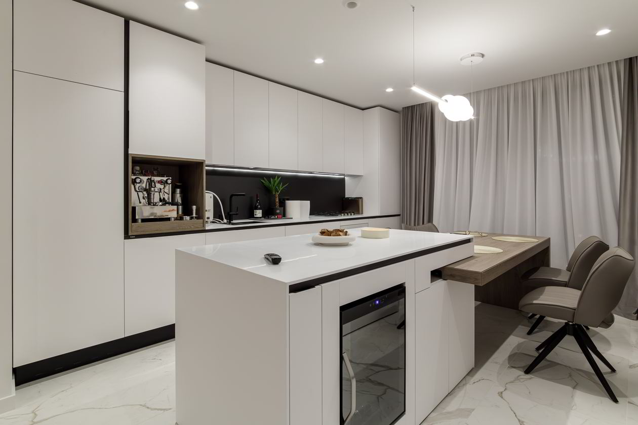 Mobila Bucatarie cu insula, cu masa integrata extensibila, unita cu Living-Room, cu zona Dining, L 970 x H 250cm — foto 3 din 10