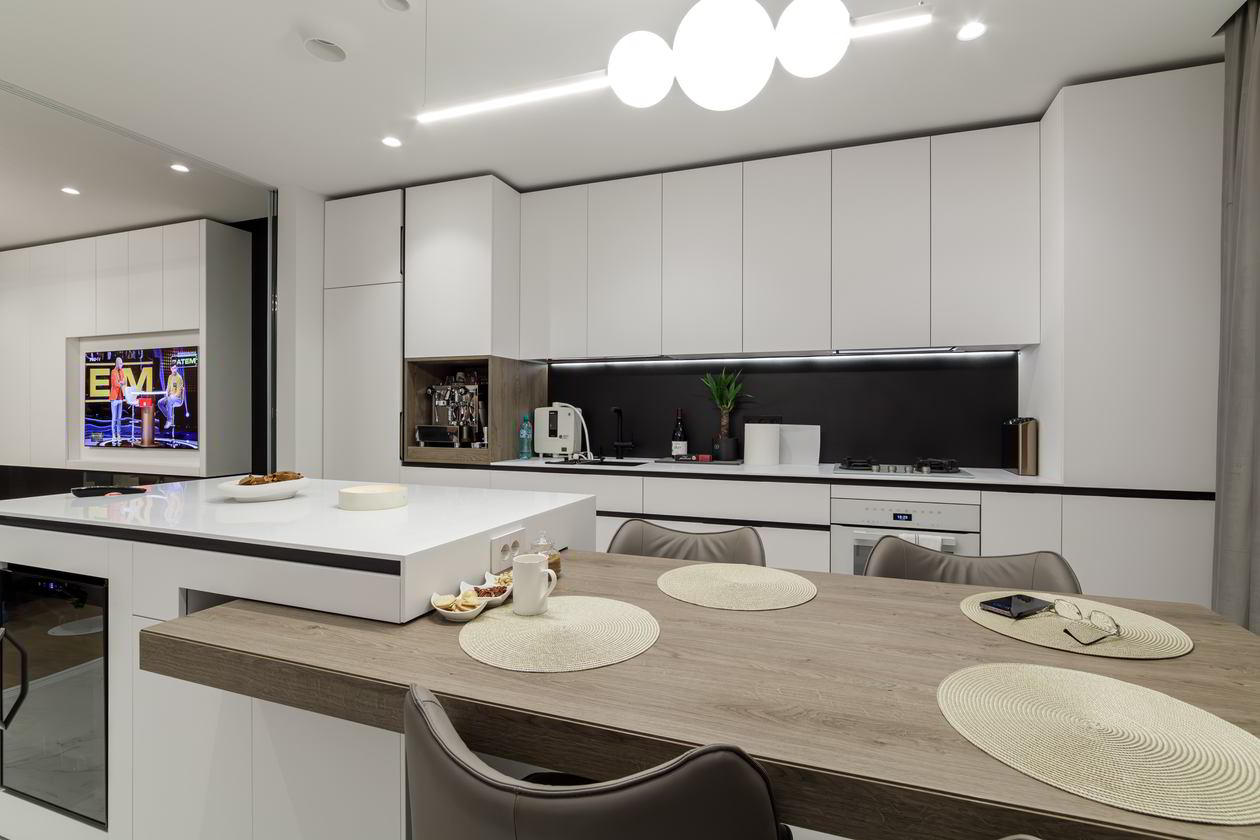 Mobila Bucatarie cu insula, cu masa integrata extensibila, unita cu Living-Room, cu zona Dining, L 970 x H 250cm — foto 4 din 10