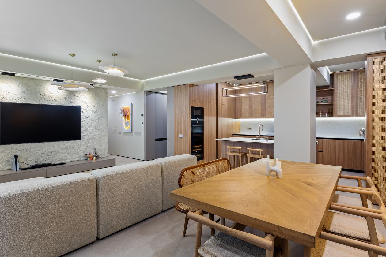 Mobila Bucatarie cu peninsula, pana in tavan, unita cu Living-Room, 27m², Realizat 11 Aprilie 2024 COD.19706