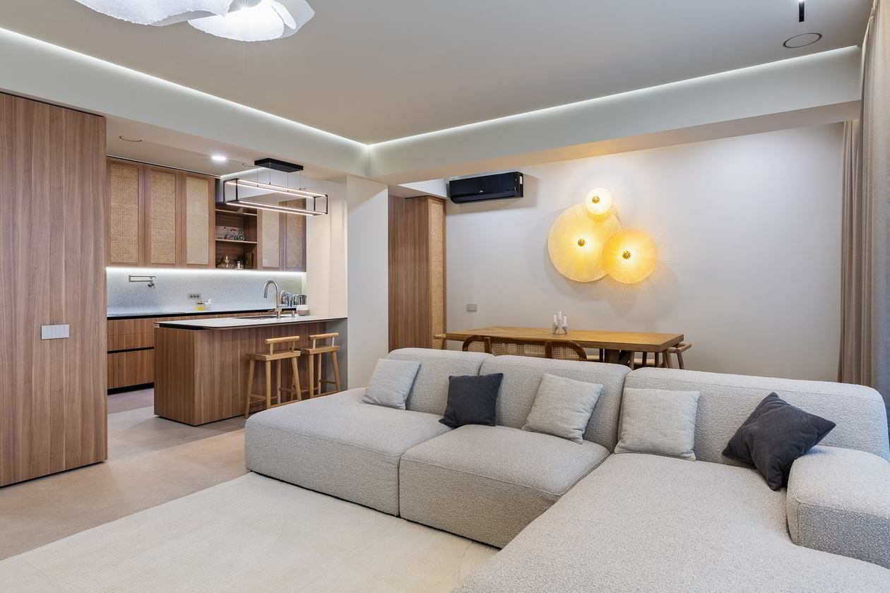 Mobila Bucatarie cu peninsula, pana in tavan, unita cu Living-Room, 27m², Realizat 11 Aprilie 2024 COD.19706