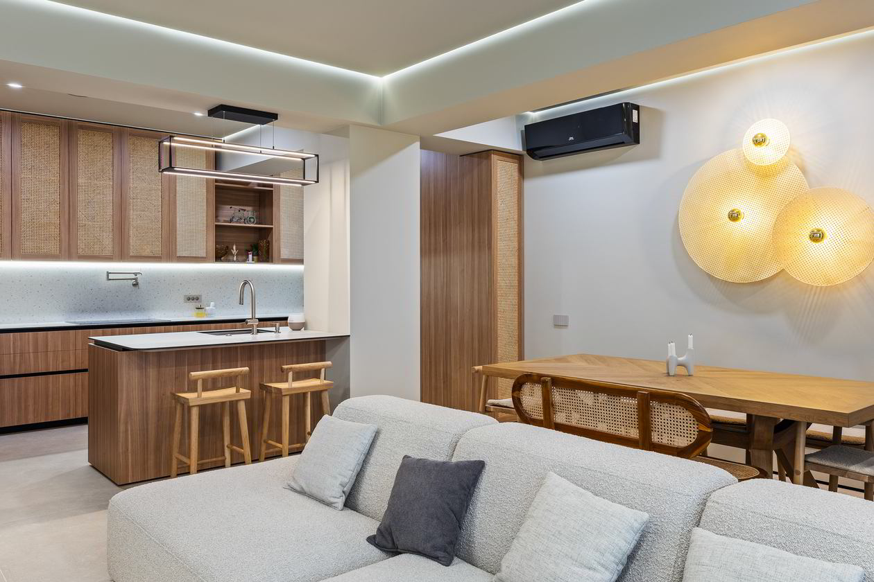 Mobila Bucatarie cu peninsula, pana in tavan, unita cu Living-Room, 27m², Realizat 11 Aprilie 2024 COD.19706