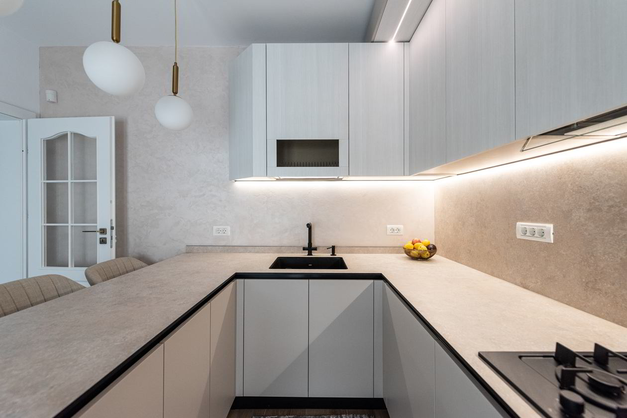 Mobila Bucatarie pe trei pereti, cu peninsula, fara manere, L 635 x H 267cm — foto 10 din 17