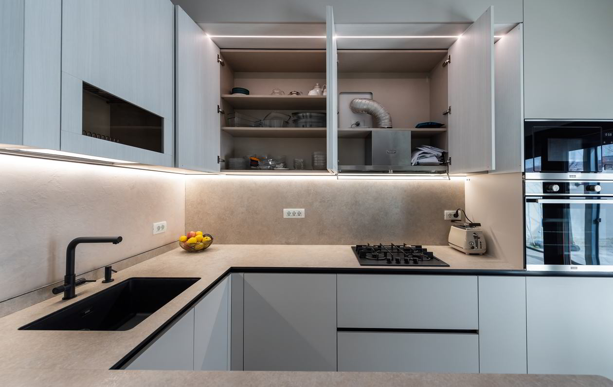 Mobila Bucatarie pe trei pereti, cu peninsula, fara manere, L 635 x H 267cm — foto 3 din 7