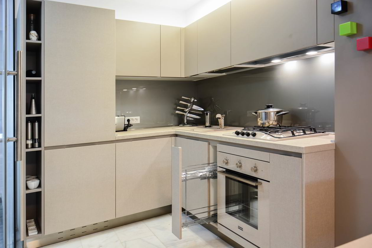 Proiect mobila Bucatarie pe trei pereti, fara manere, cu masa integrata fixa, 13m², L 879 x H 212cm, realizat 02 August 2016 COD.3630