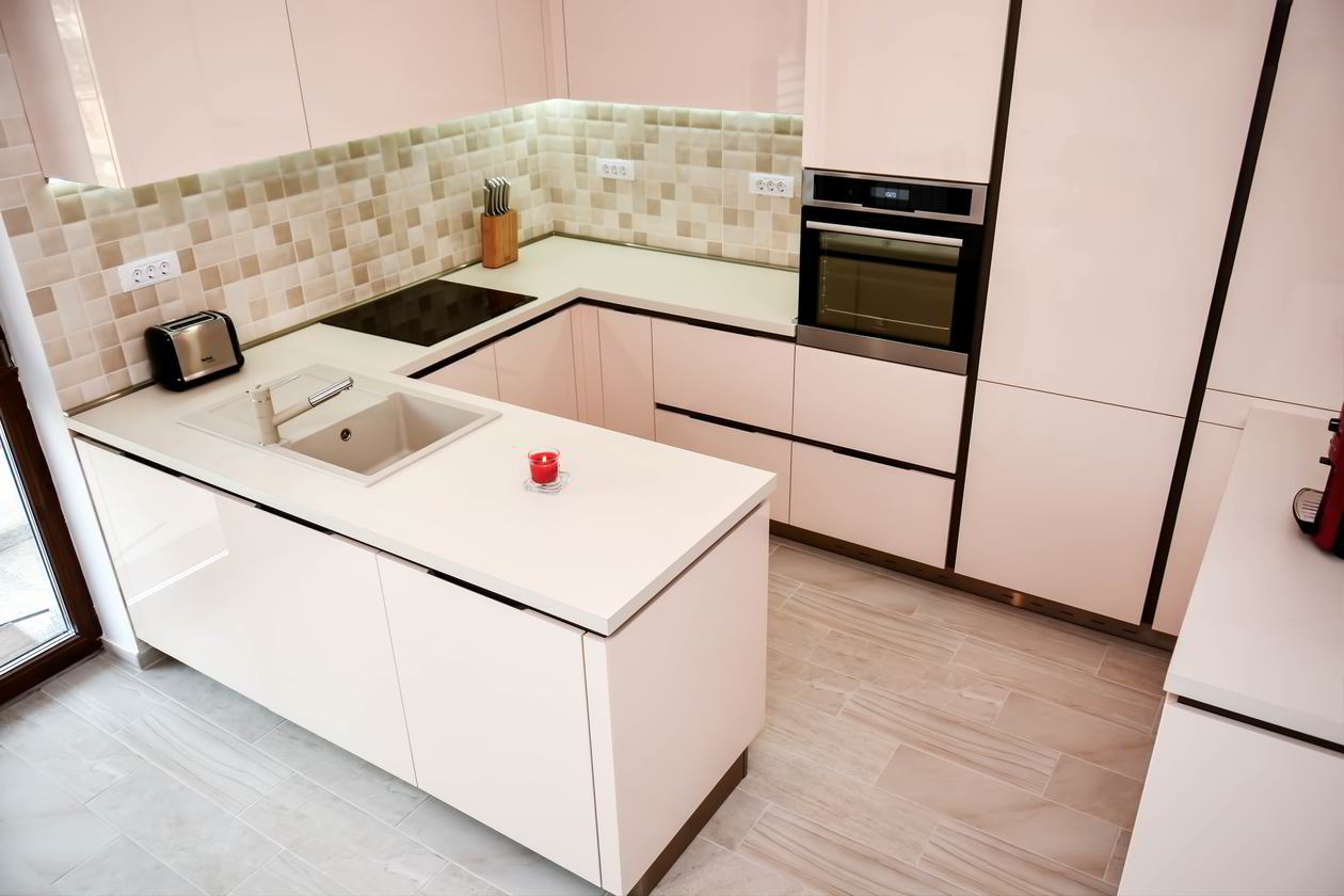 Proiect mobila Bucatarie cu peninsula, pe trei pereti, fara manere, 16m², L 958 x H 216cm, realizat 18 Aprilie 2017 COD.3636