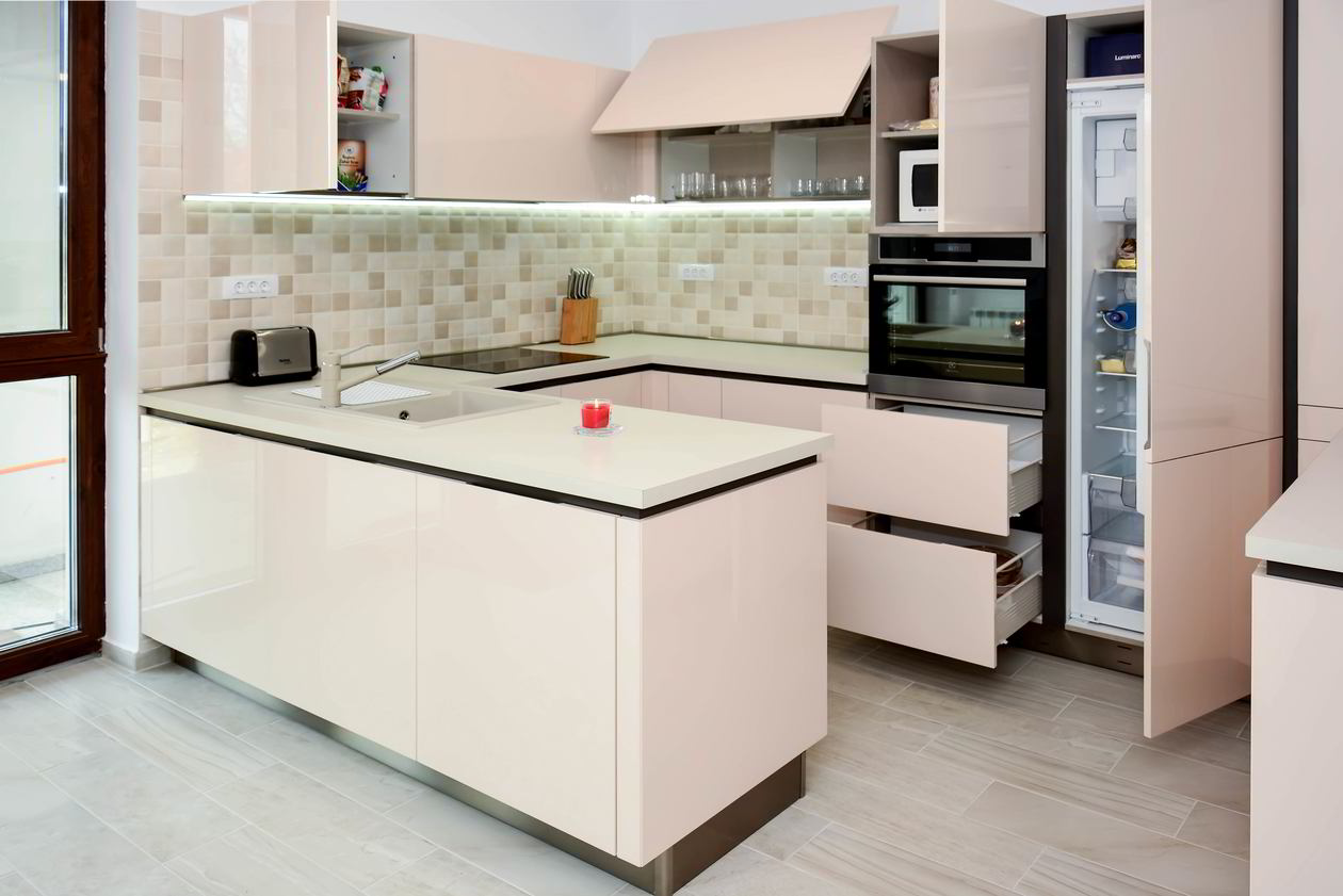Proiect mobila Bucatarie cu peninsula, pe trei pereti, fara manere, 16m², L 958 x H 216cm, realizat 18 Aprilie 2017 COD.3636