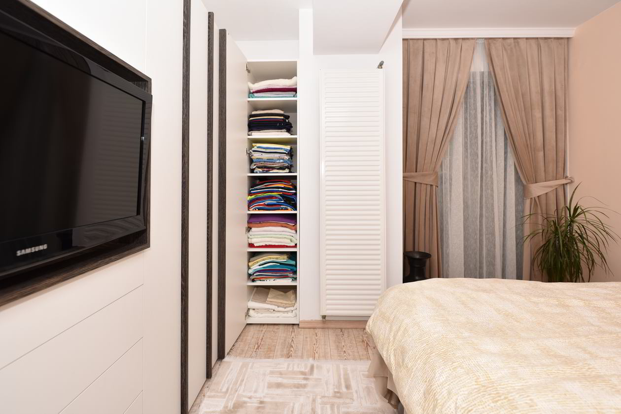 Proiect mobila Dormitor matrimonial, cu dulap cu TV incadrat, dulap pe colt, 16m², realizat 29 August 2017 COD.4267