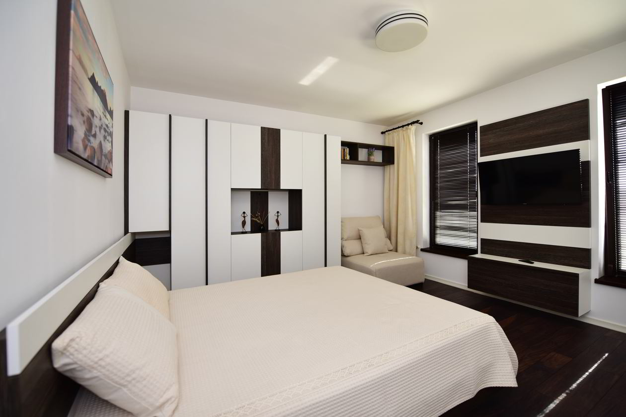 Proiect mobila Dormitor matrimonial, cu dulap, pat central, compozitie mica pentru TV, 16m², realizat 13 Aprilie 2018 COD.5023
