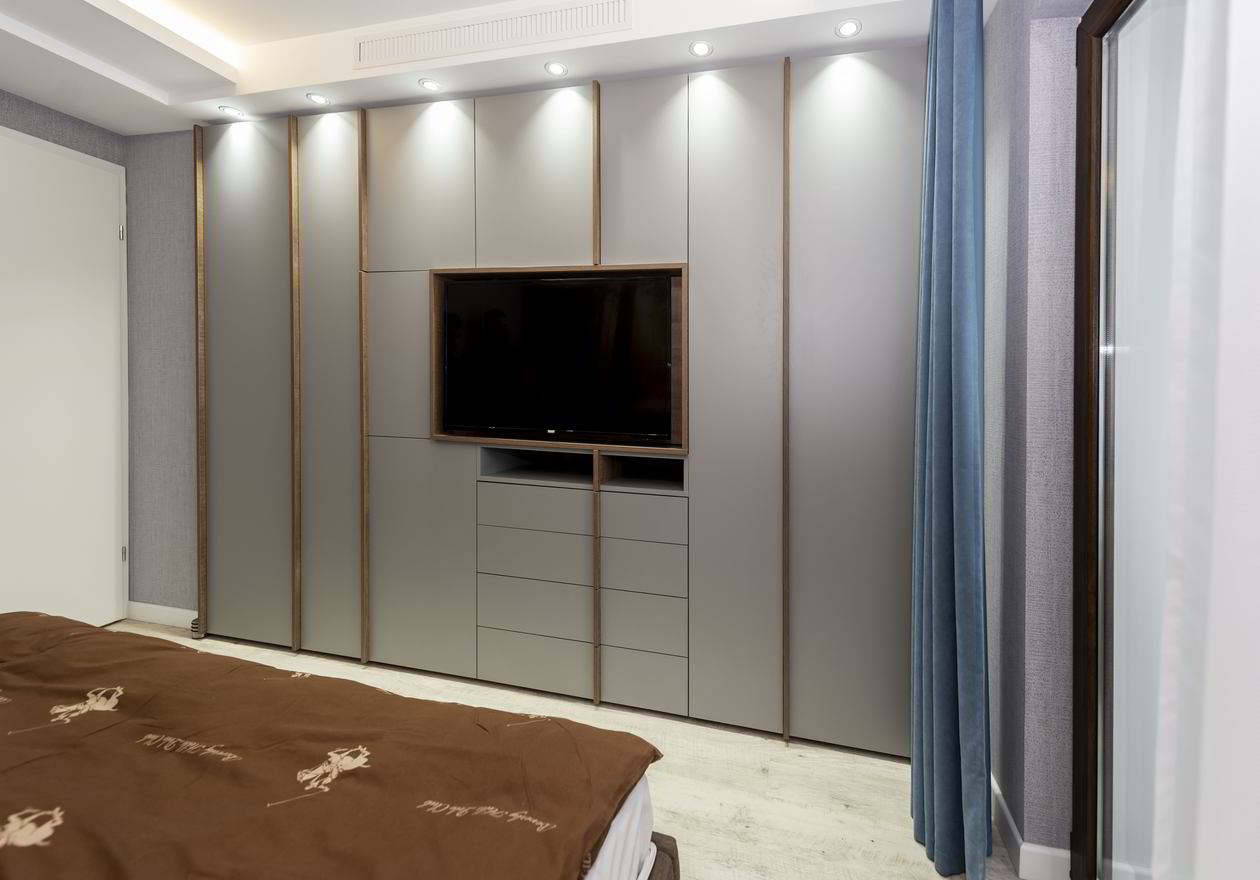 Proiect mobila Dormitor matrimonial, cu dulap cu TV incadrat, pat central, 15m², realizat 12 Ianuarie 2019 COD.5072