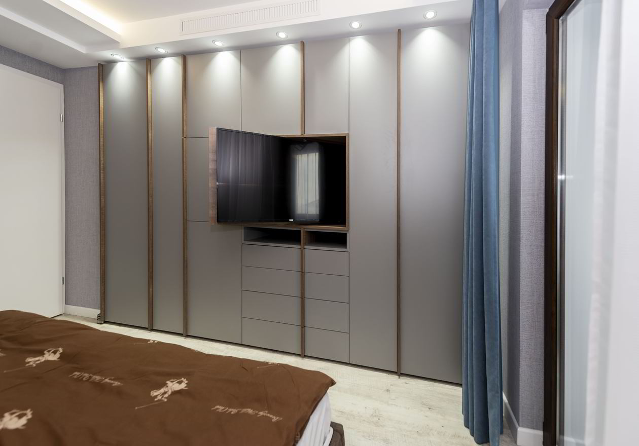 Proiect mobila Dormitor matrimonial, cu dulap cu TV incadrat, pat central, 15m², realizat 12 Ianuarie 2019 COD.5072