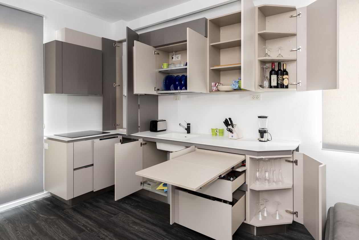 Proiect mobila Bucatarie pe trei pereti, fara manere, partial suspenadata, masa integrata extractabila, unita cu Living-Room, 12m², L 567 x H 244cm, realizat 31 Ianuarie 2019 COD.5393