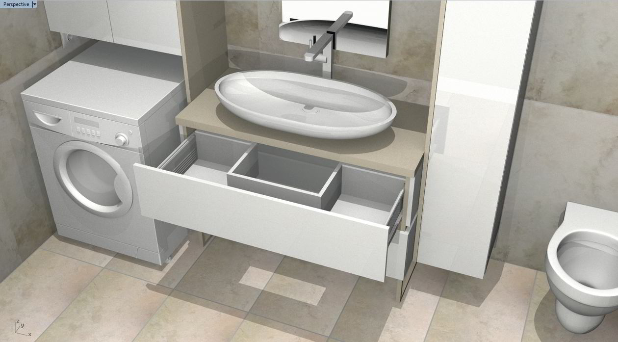 Proiect mobila Baie matrimoniala, cu oglinda, comoda cu sertare, dulap suspendat, 9m², realizat 05 Septembrie 2016 COD.5543