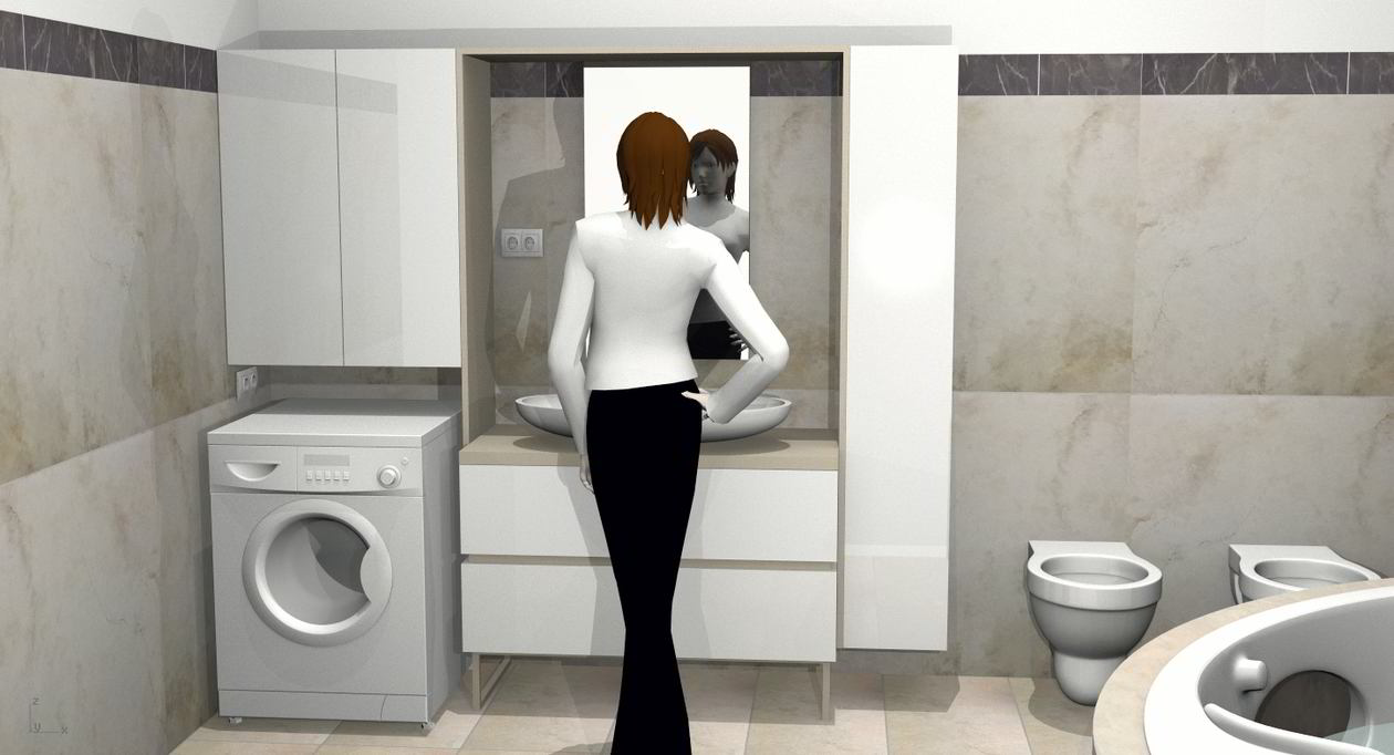 Proiect mobila Baie matrimoniala, cu oglinda, comoda cu sertare, dulap suspendat, 9m², realizat 05 Septembrie 2016 COD.5543
