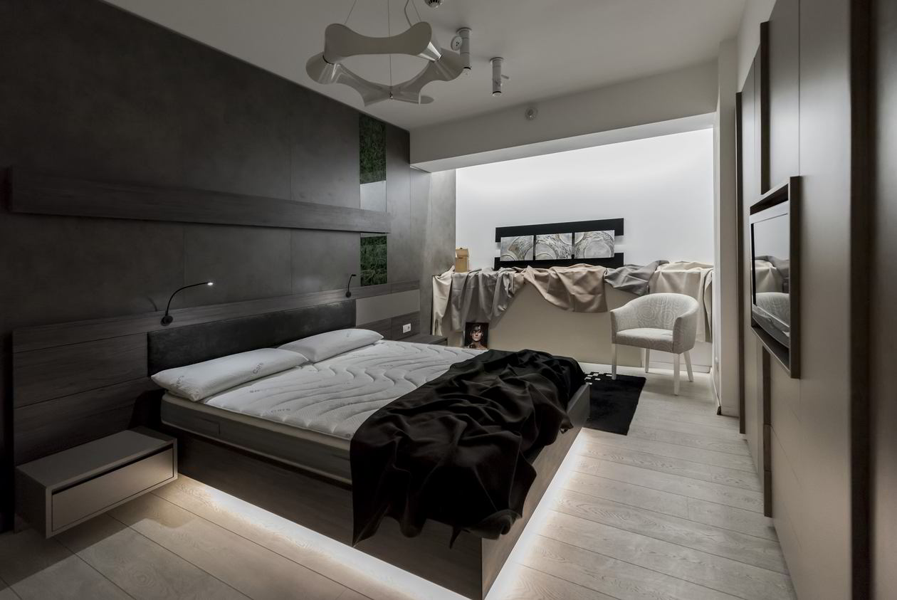 Proiect mobila Dormitor matrimonial, cu dulap cu TV incadrat, pat central suspendat, placare perete, 17m², realizat 25 Ianuarie 2019 COD.5775
